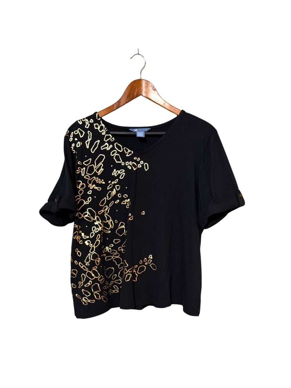 Vtg Black & Gold‎ Short Sleeve Blouse Abstract Design XL Mob Wife Animal Print